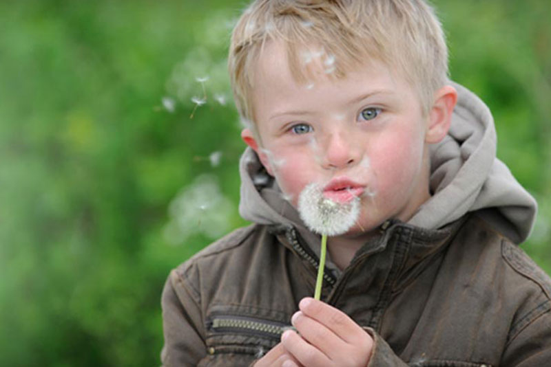A young boy blowing a dandelion.